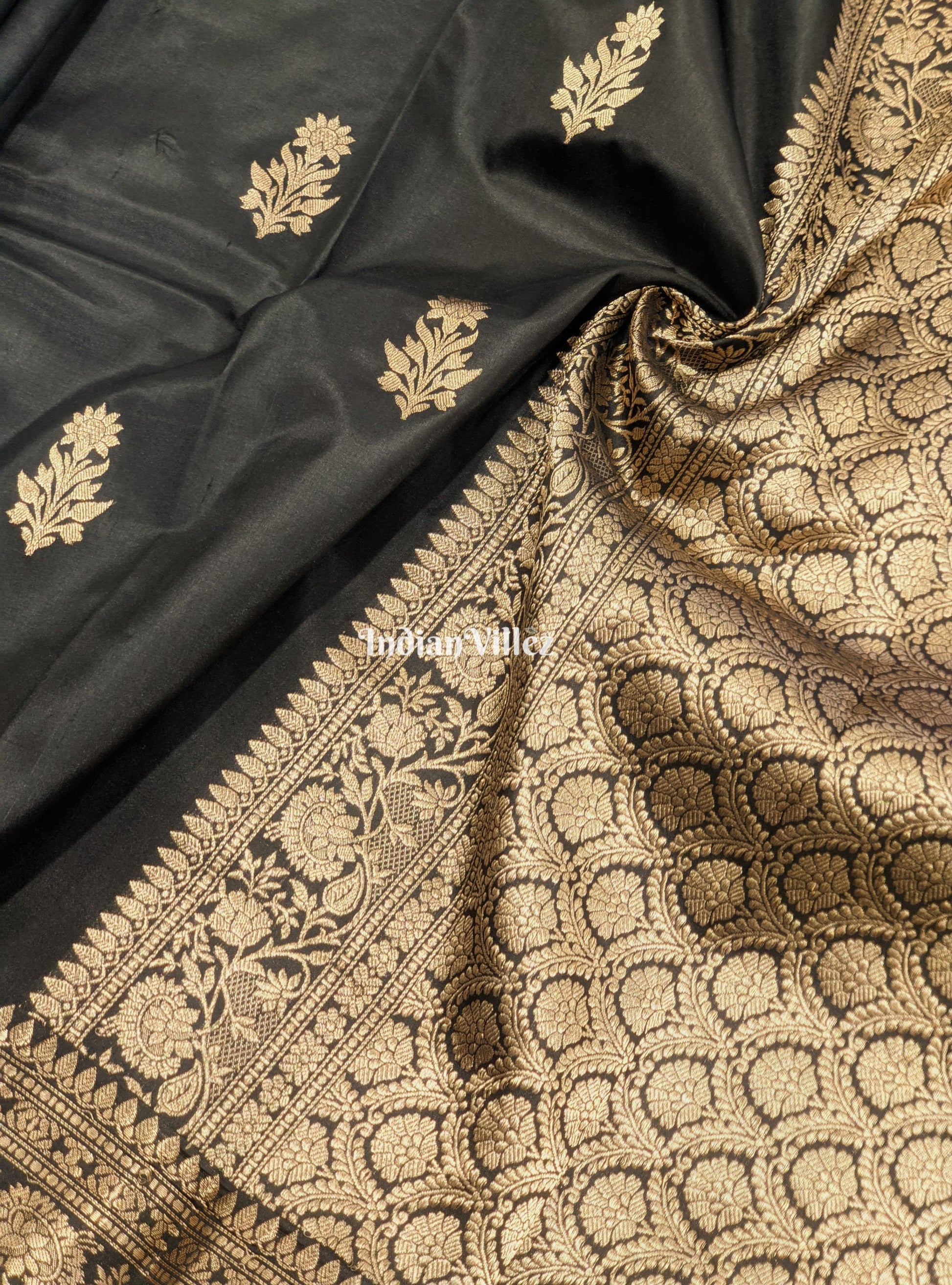 Black Banarasi Katan Saree with Golden Sunflower Design