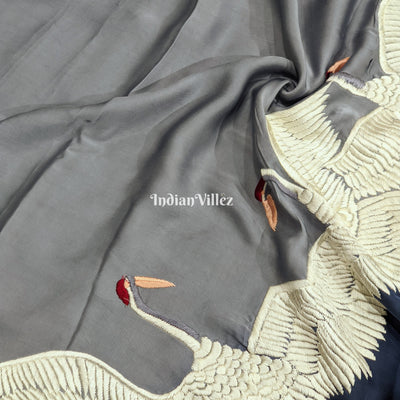 Navy Blue Ombre Hand Embroidered Crepe Silk Saree