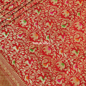 Red Banarasi Katan Saree with Golden Traditional Shikargah