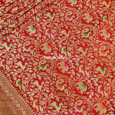 Red Banarasi Katan Saree with Golden Traditional Shikargah