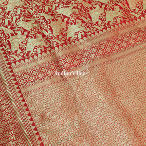 Red Banarasi Katan Saree with Golden Traditional Shikargah