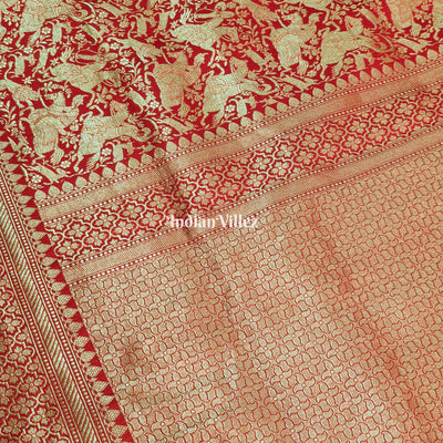Red Banarasi Katan Saree with Golden Traditional Shikargah