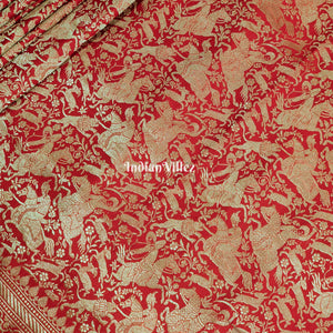 Red Banarasi Katan Saree with Golden Traditional Shikargah