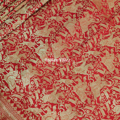 Red Banarasi Katan Saree with Golden Traditional Shikargah