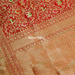 Red Banarasi Katan Saree with Golden Traditional Shikargah