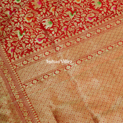 Red Banarasi Katan Saree with Golden Traditional Shikargah