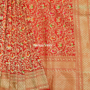 Red Banarasi Katan Saree with Golden Traditional Shikargah