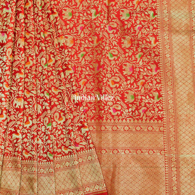 Red Banarasi Katan Saree with Golden Traditional Shikargah