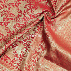 Red Banarasi Katan Saree with Golden Traditional Shikargah