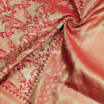 Red Banarasi Katan Saree with Golden Traditional Shikargah