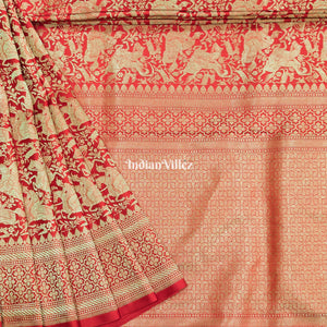 Red Banarasi Katan Saree with Golden Traditional Shikargah