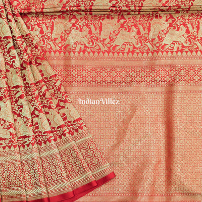 Red Banarasi Katan Saree with Golden Traditional Shikargah