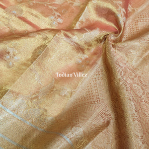 Orange Golden Dual Tone Zari Woven  Banarasi Tissue Saree