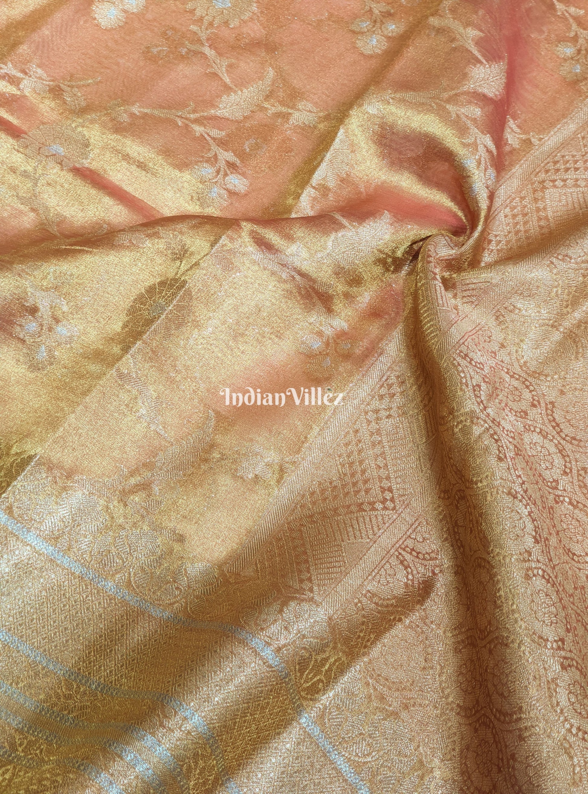 Orange Golden Dual Tone Zari Woven  Banarasi Tissue Saree