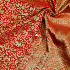 Red Banarasi Katan Saree with Golden Traditional Shikargah