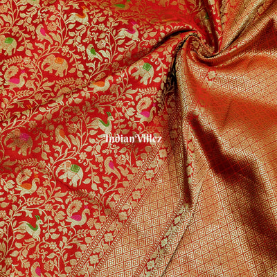 Red Banarasi Katan Saree with Golden Traditional Shikargah