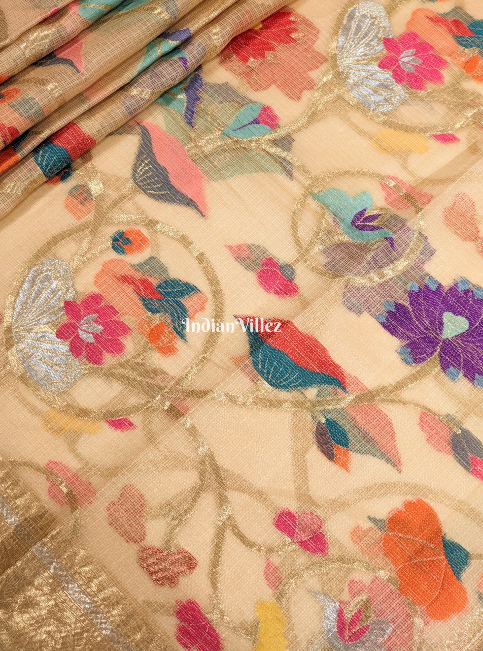Multi Color Flower Golden Zari Woven  Banarasi Tissue Saree