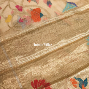 Multi Color Flower Golden Zari Woven  Banarasi Tissue Saree