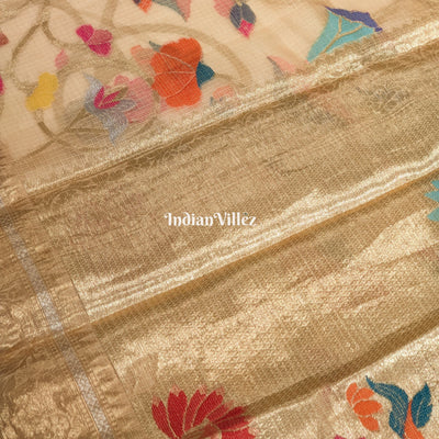 Multi Color Flower Golden Zari Woven  Banarasi Tissue Saree