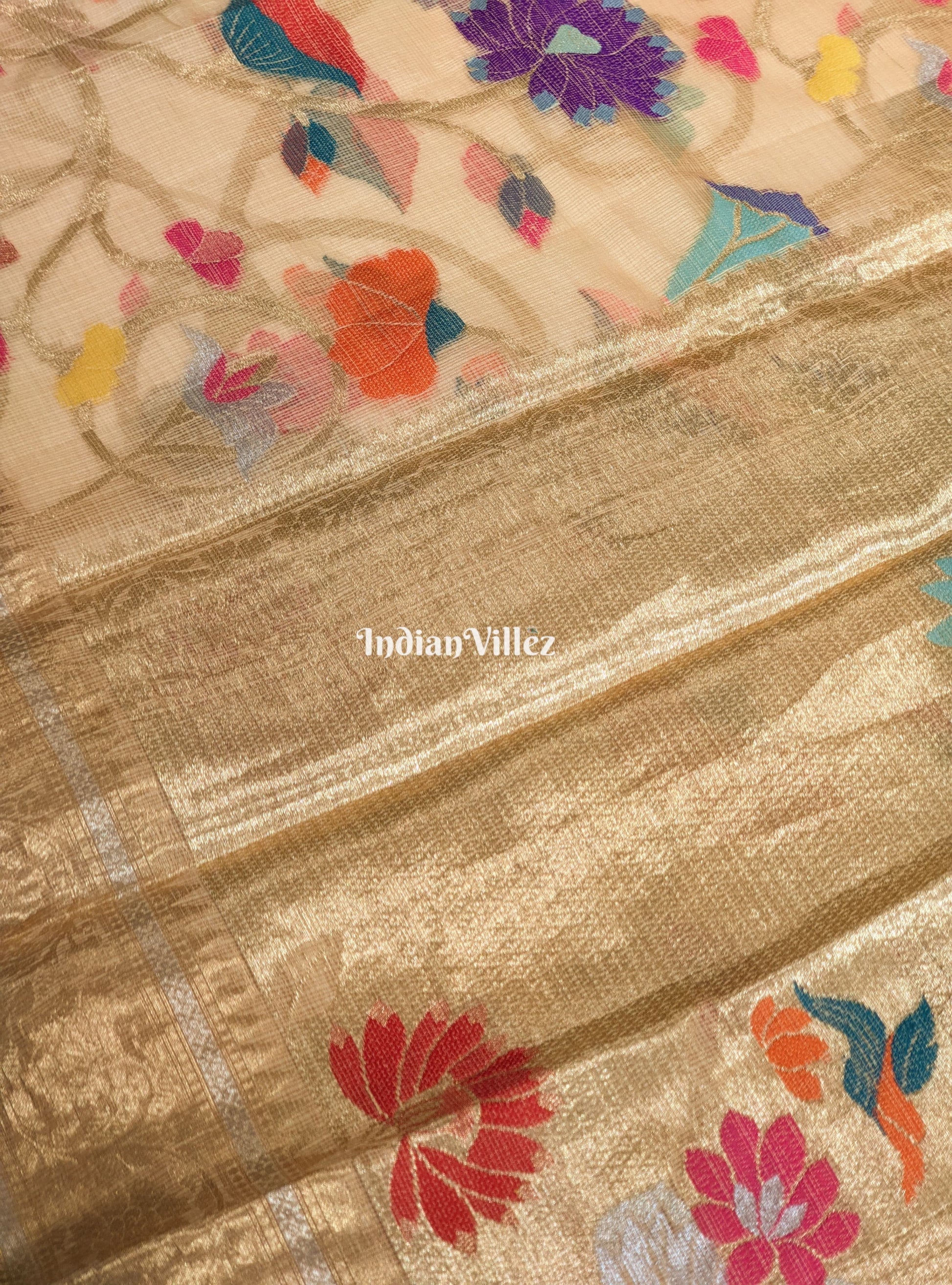 Multi Color Flower Golden Zari Woven  Banarasi Tissue Saree