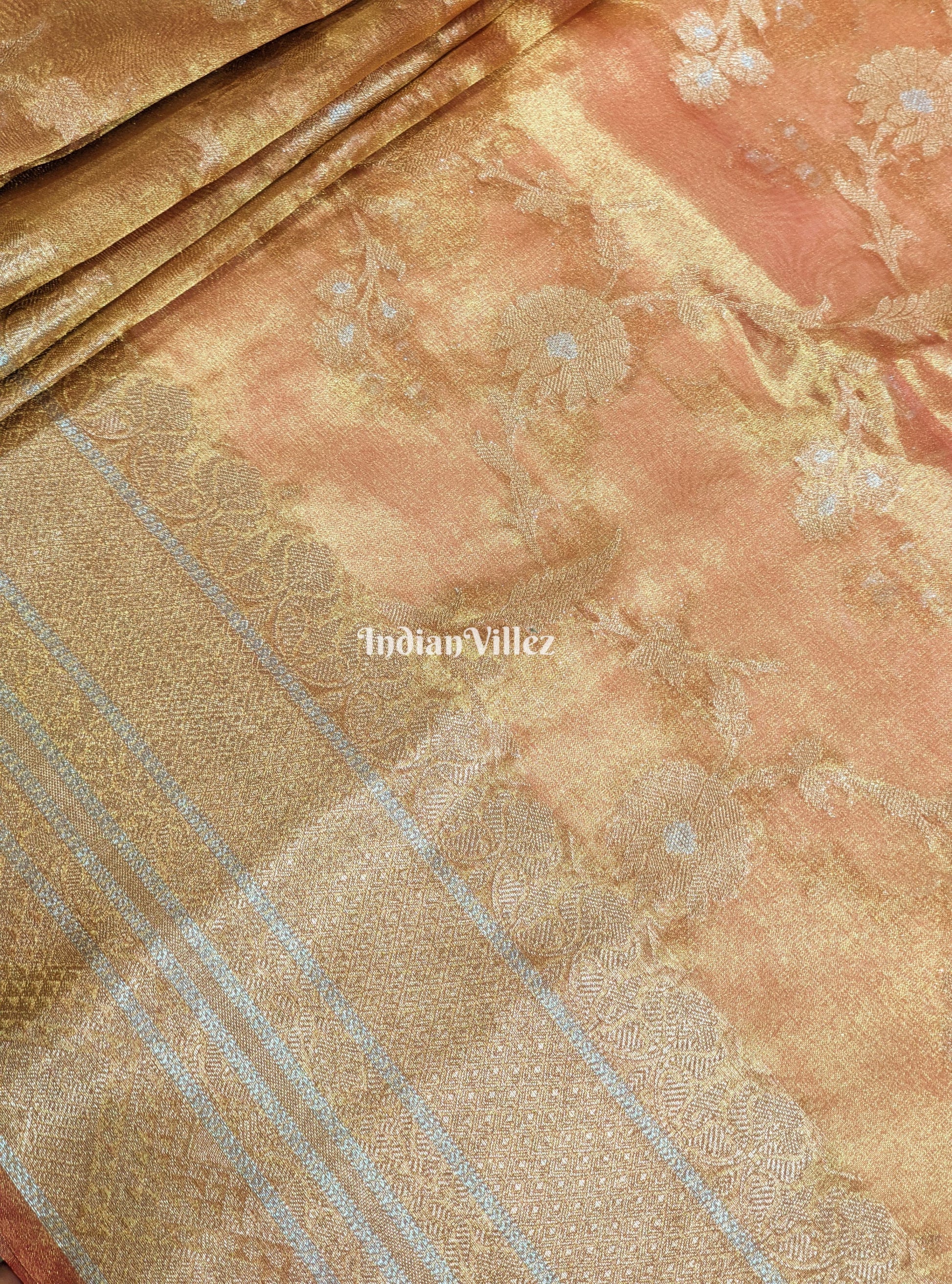 Orange Golden Dual Tone Zari Woven  Banarasi Tissue Saree