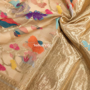Multi Color Flower Golden Zari Woven  Banarasi Tissue Saree
