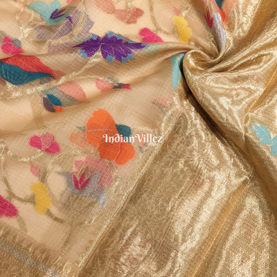 Multi Color Flower Golden Zari Woven  Banarasi Tissue Saree