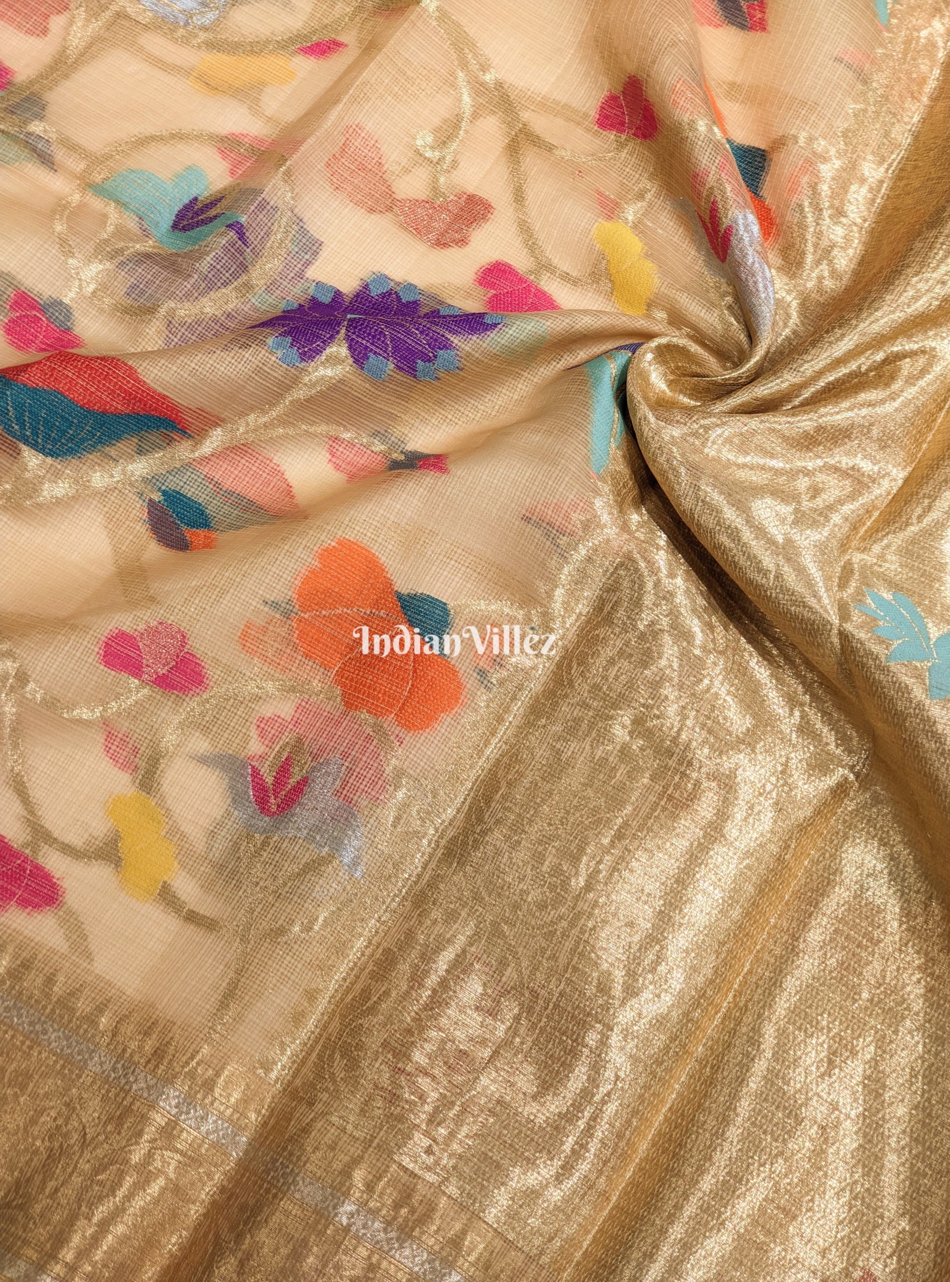 Multi Color Flower Golden Zari Woven  Banarasi Tissue Saree