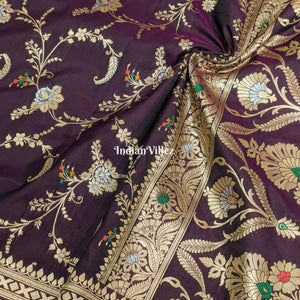 Wine Floral Design Pure Banarasi Katan Saree