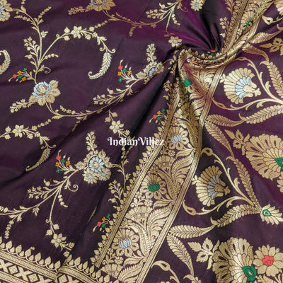 Wine Floral Design Pure Banarasi Katan Saree