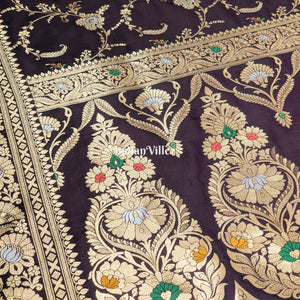 Wine Floral Design Pure Banarasi Katan Saree