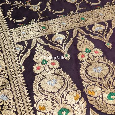 Wine Floral Design Pure Banarasi Katan Saree