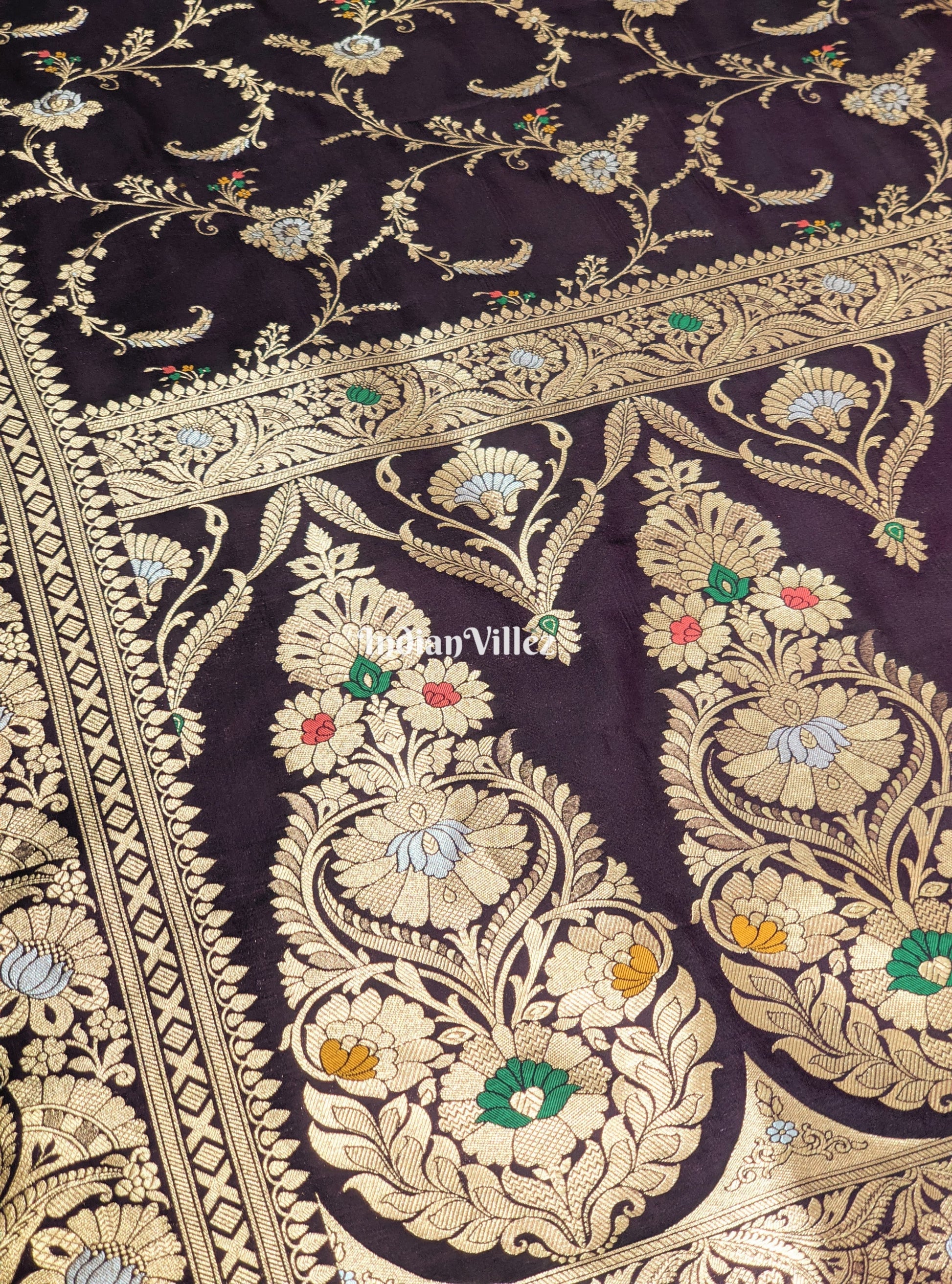 Wine Floral Design Pure Banarasi Katan Saree