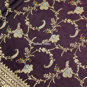 Wine Floral Design Pure Banarasi Katan Saree