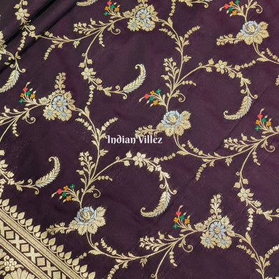 Wine Floral Design Pure Banarasi Katan Saree