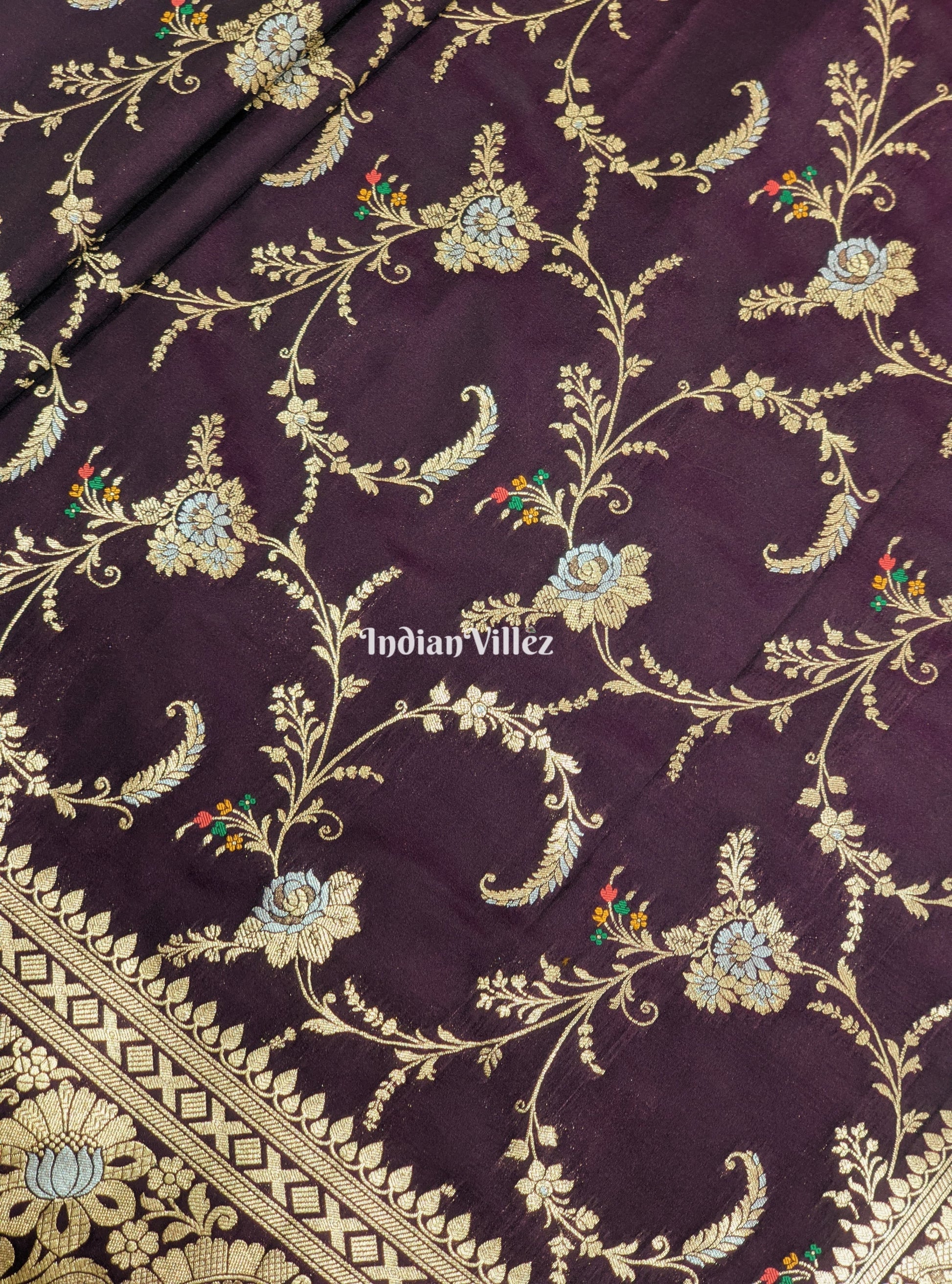 Wine Floral Design Pure Banarasi Katan Saree