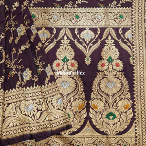 Wine Floral Design Pure Banarasi Katan Saree