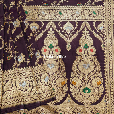 Wine Floral Design Pure Banarasi Katan Saree