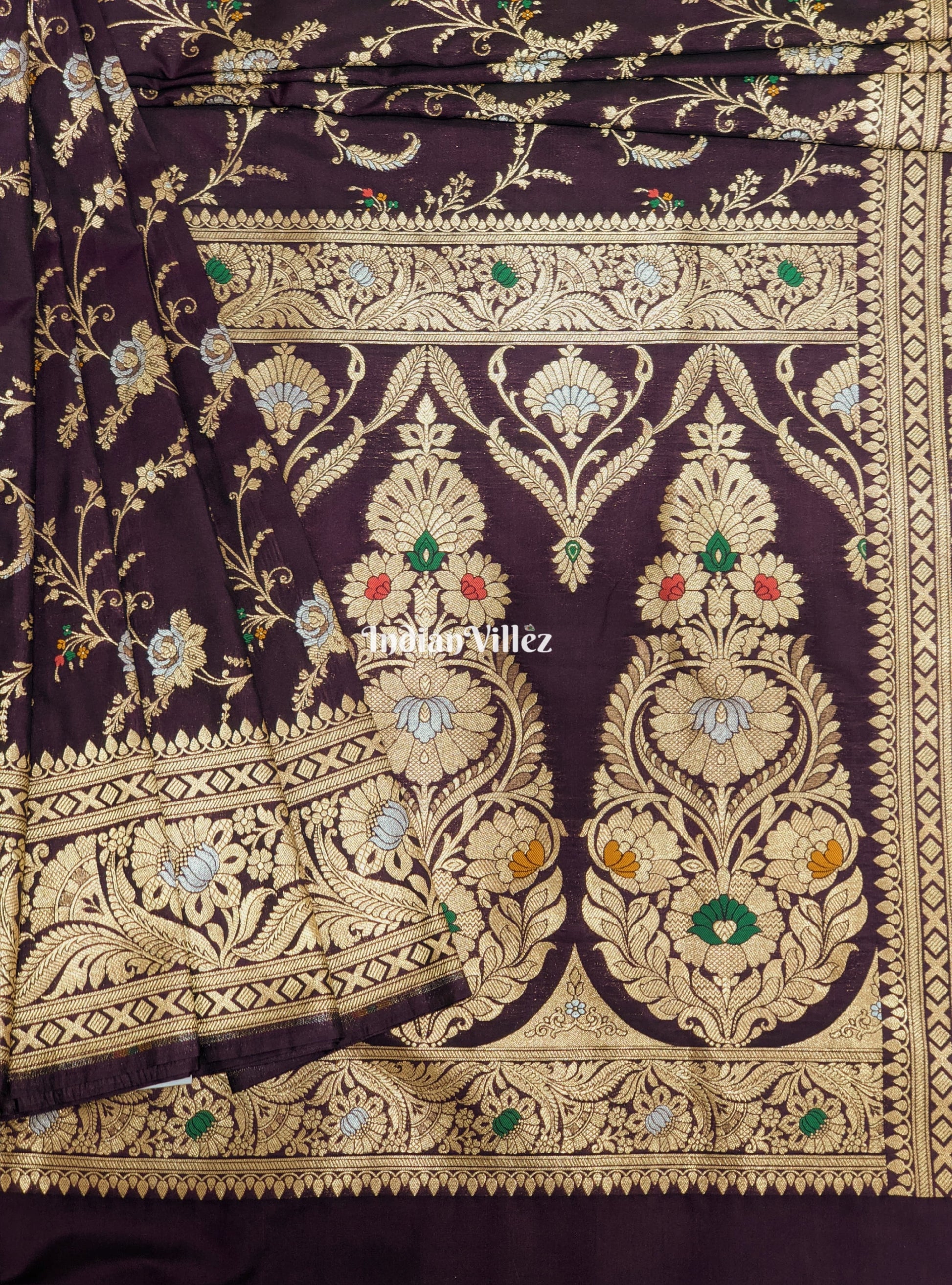 Wine Floral Design Pure Banarasi Katan Saree