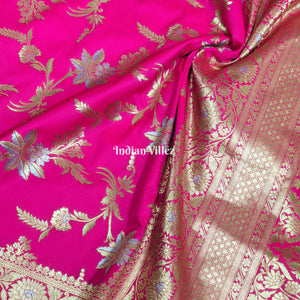 Pink Floral Design Pure Banarasi Katan Saree