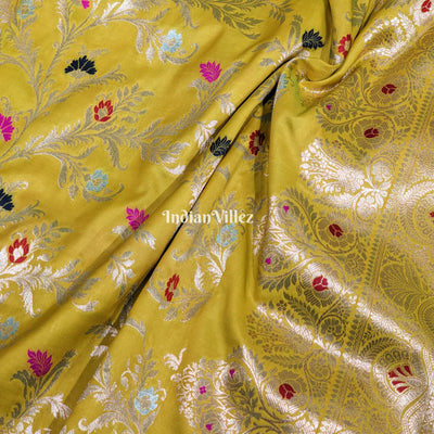 Mustard Yellow With Floral Design Banarasi Katan Saree