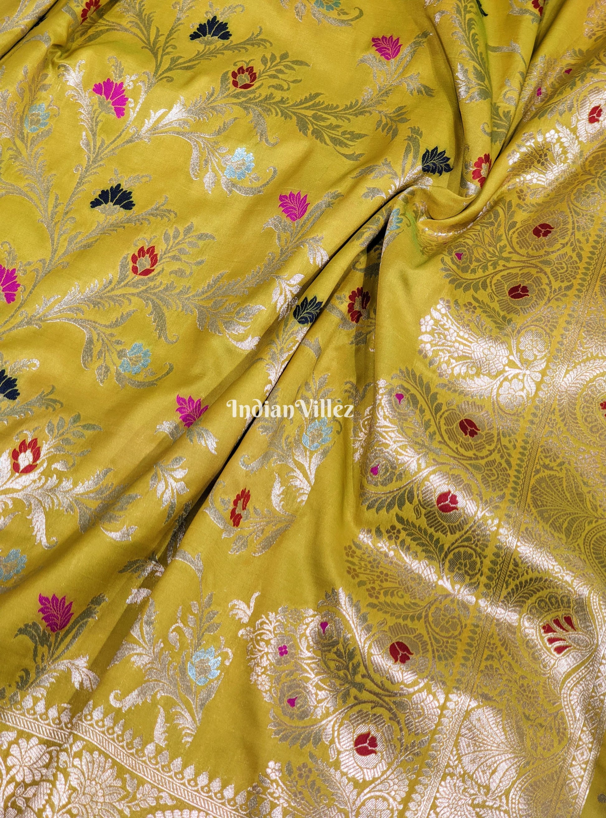 Mustard Yellow With Floral Design Banarasi Katan Saree