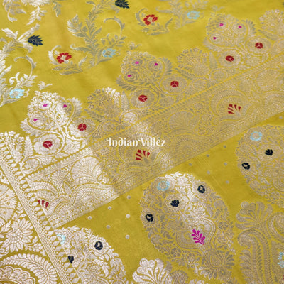 Mustard Yellow With Floral Design Banarasi Katan Saree