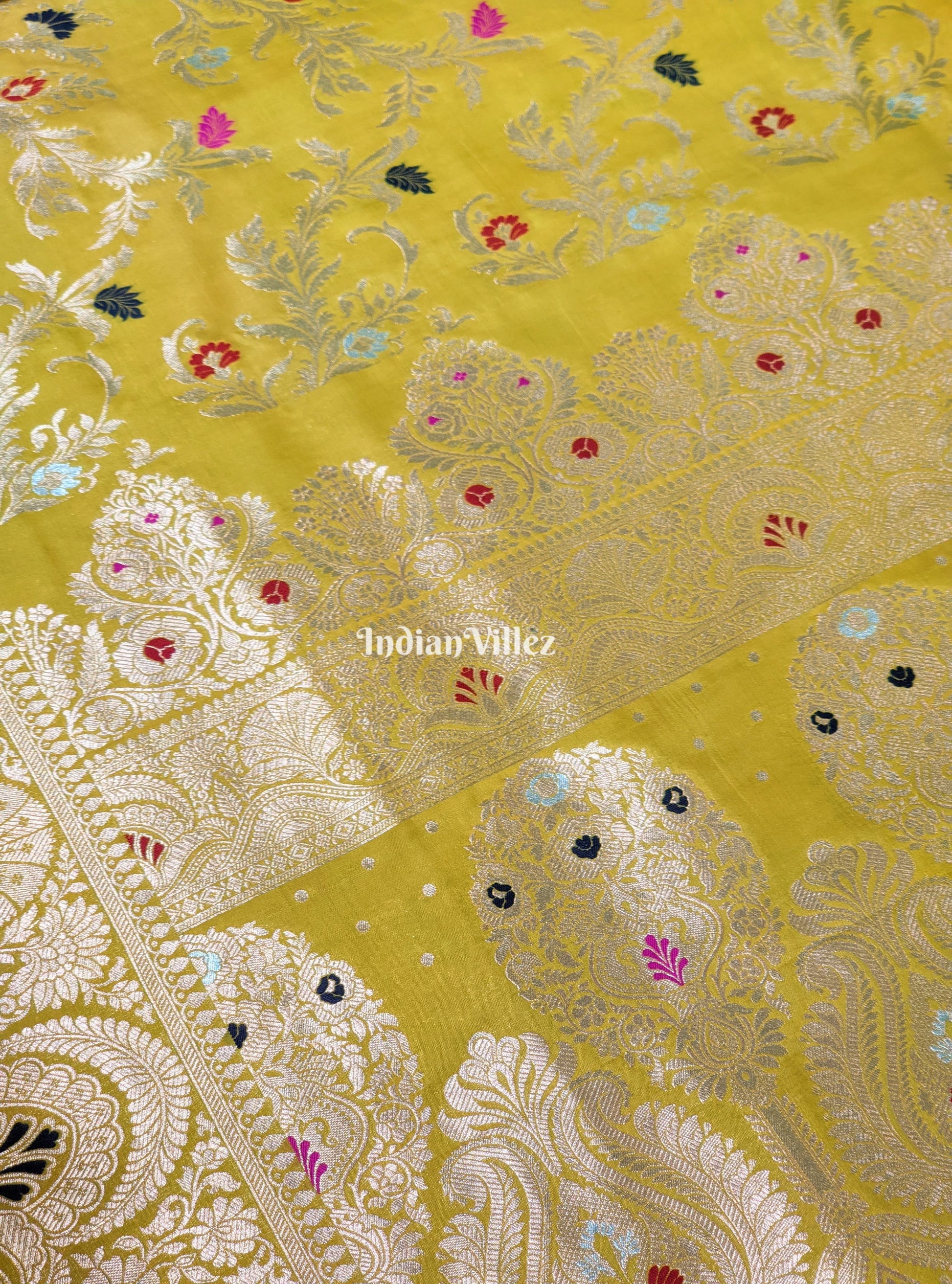 Mustard Yellow With Floral Design Banarasi Katan Saree