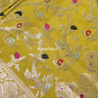 Mustard Yellow With Floral Design Banarasi Katan Saree