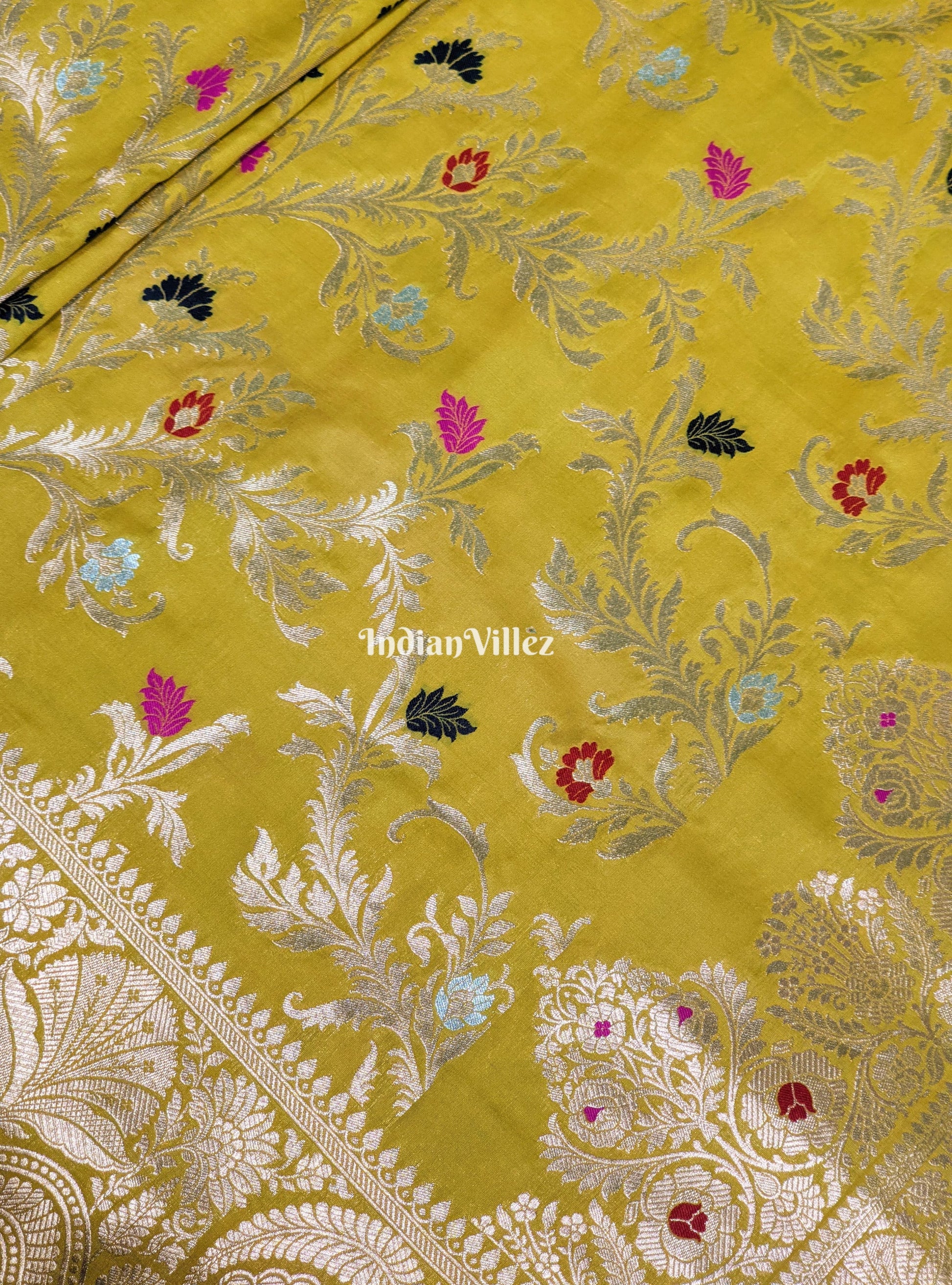 Mustard Yellow With Floral Design Banarasi Katan Saree
