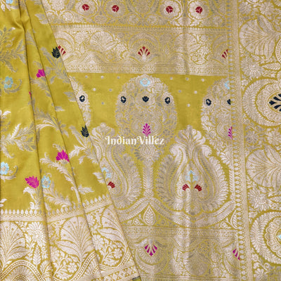 Mustard Yellow With Floral Design Banarasi Katan Saree
