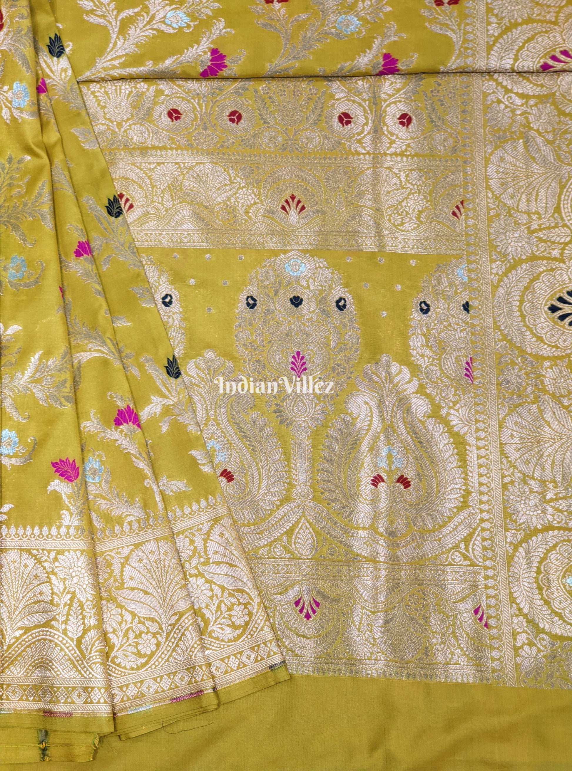 Mustard Yellow With Floral Design Banarasi Katan Saree