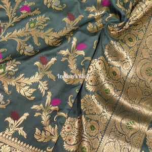Grey Blended With Floral Design Banarasi Katan Saree