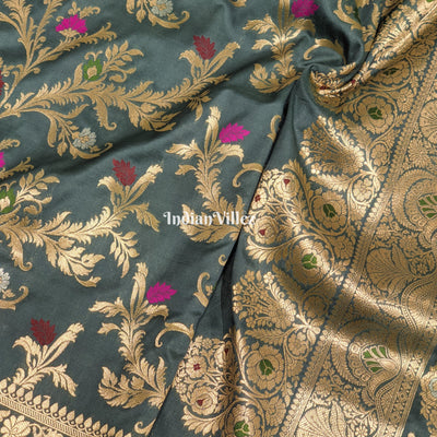 Grey Blended With Floral Design Banarasi Katan Saree